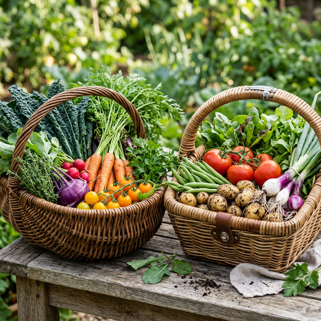Baskets containing fresh carrots, tomatoes, radishes, potatoes, green beans, spring onions, leafy greens