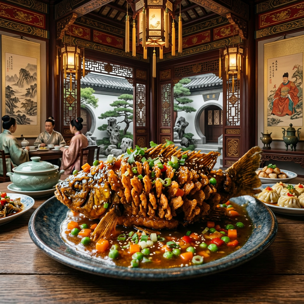 Crispy fried whole fish garnished with sesame seeds, chopped scallions, peas, and diced carrots in a savory sauce on a dark plate.