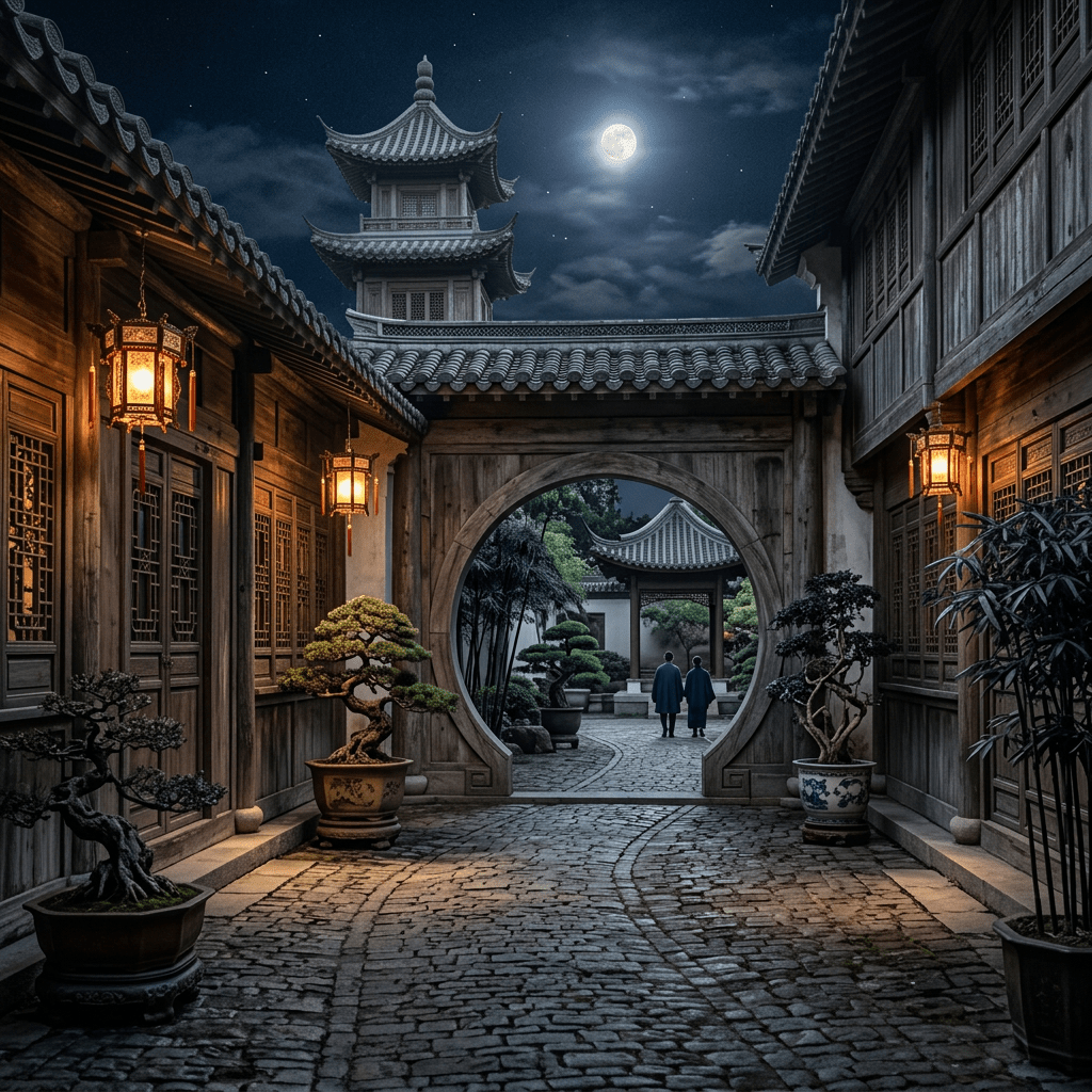 Couple walking on cobblestone street at night under full moon and street lamps