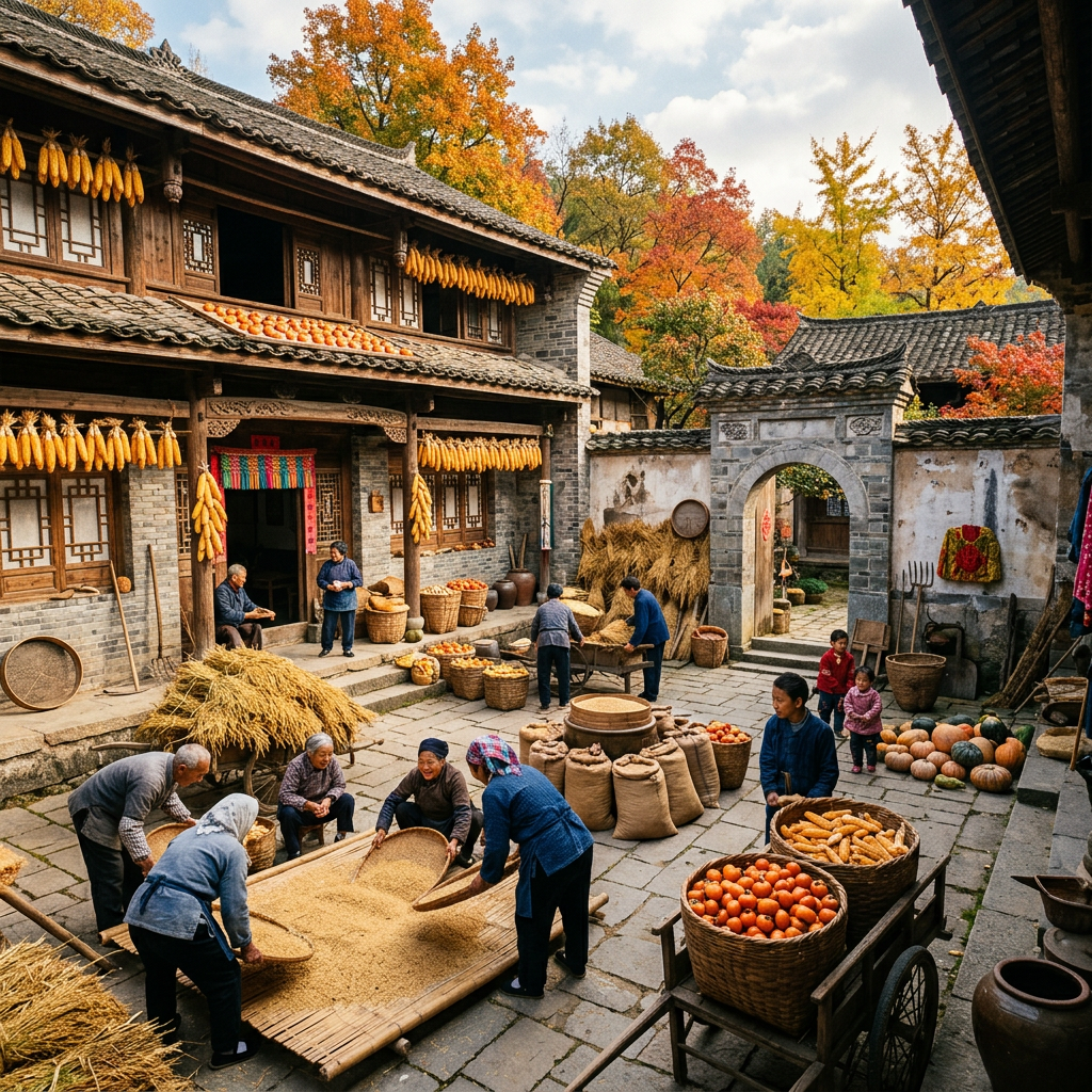 Ancient Chinese courtyard autumn harvest scene