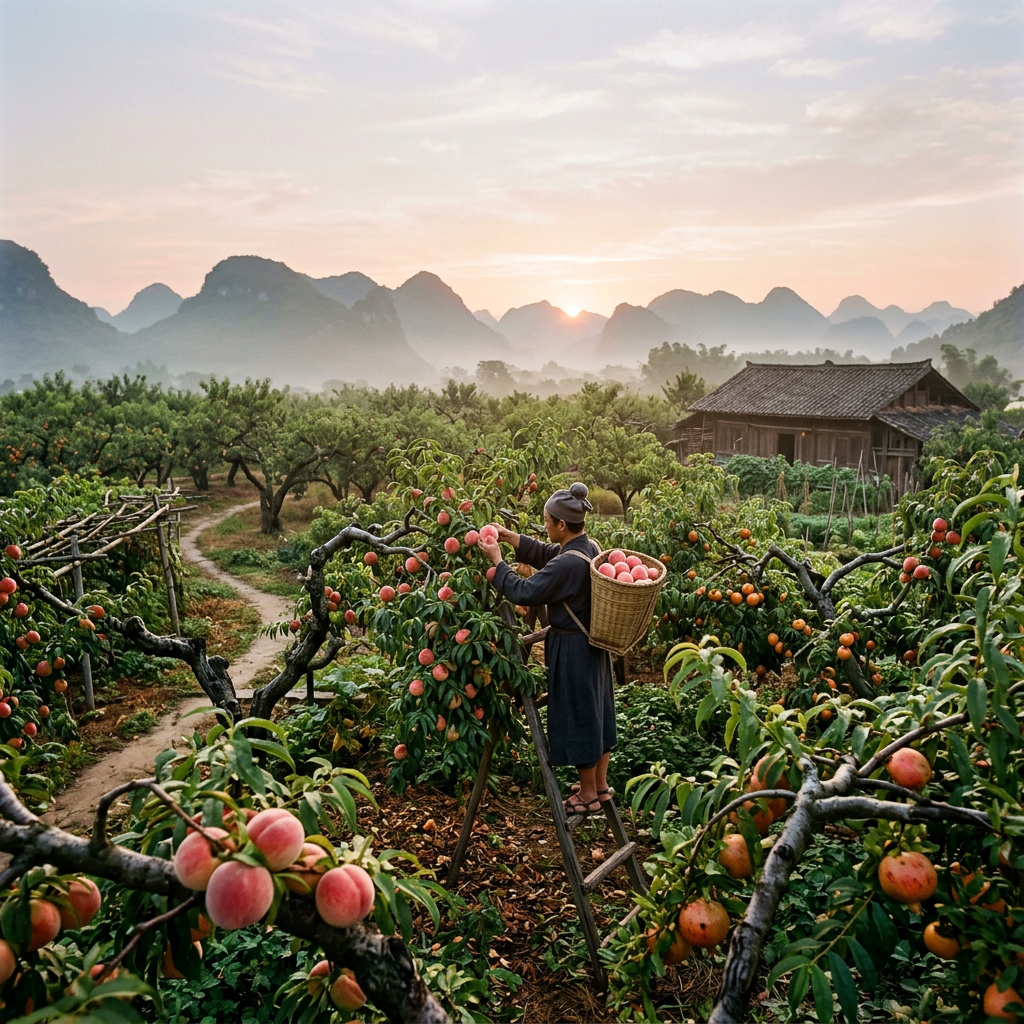 Ancient Han orchard at dawn, ripe fruit