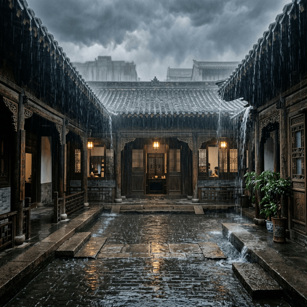 Traditional Chinese courtyard with wooden architecture and rainwater flowing from eaves
