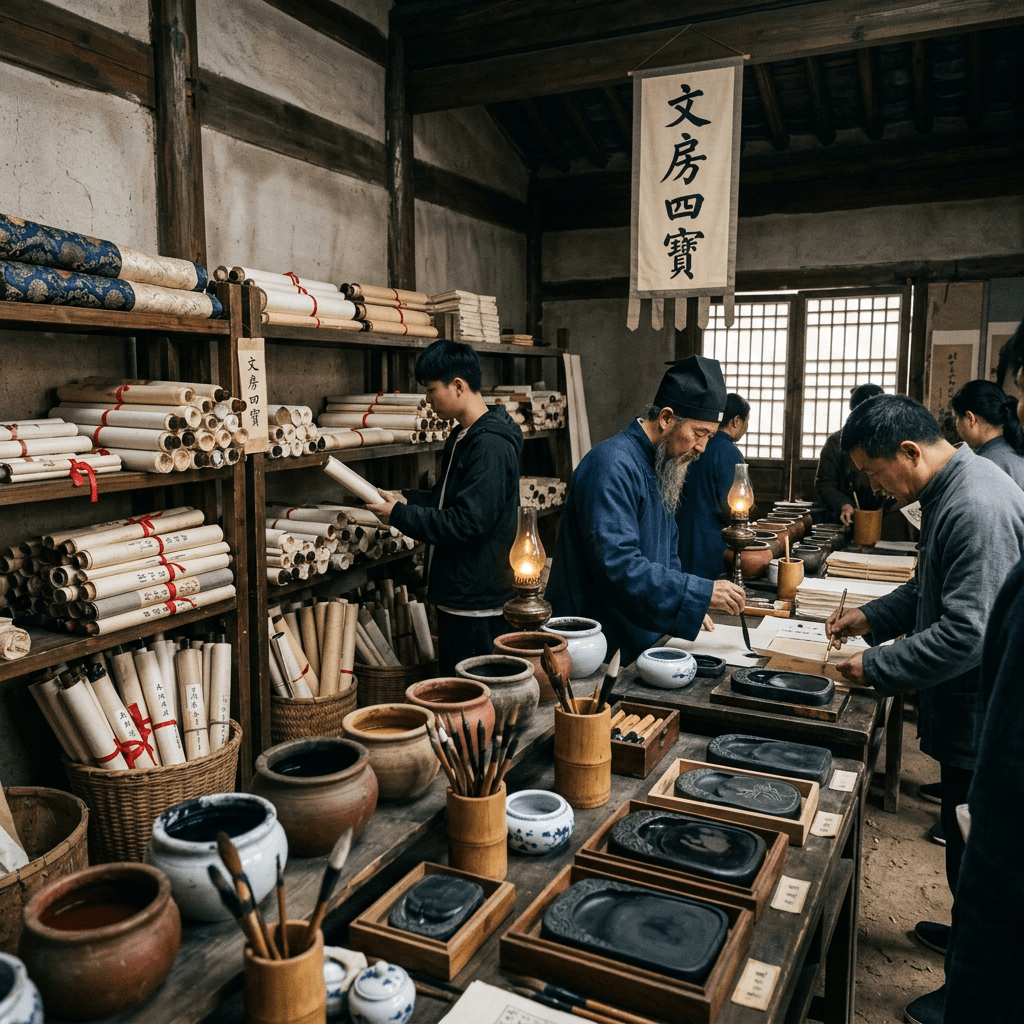 Artisans writing calligraphy near ink stones, brushes, and scrolls