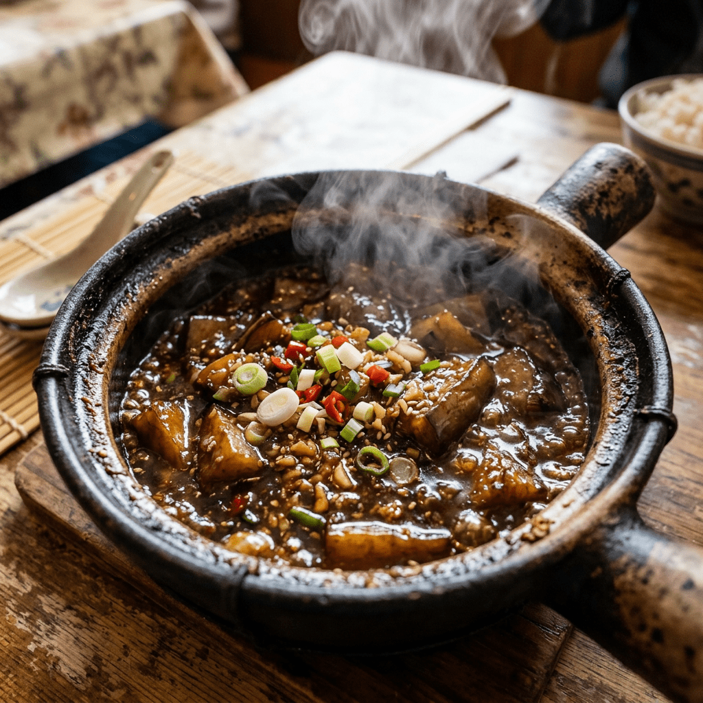Claypot eggplant stew with chili, spring onions, and sesame seeds