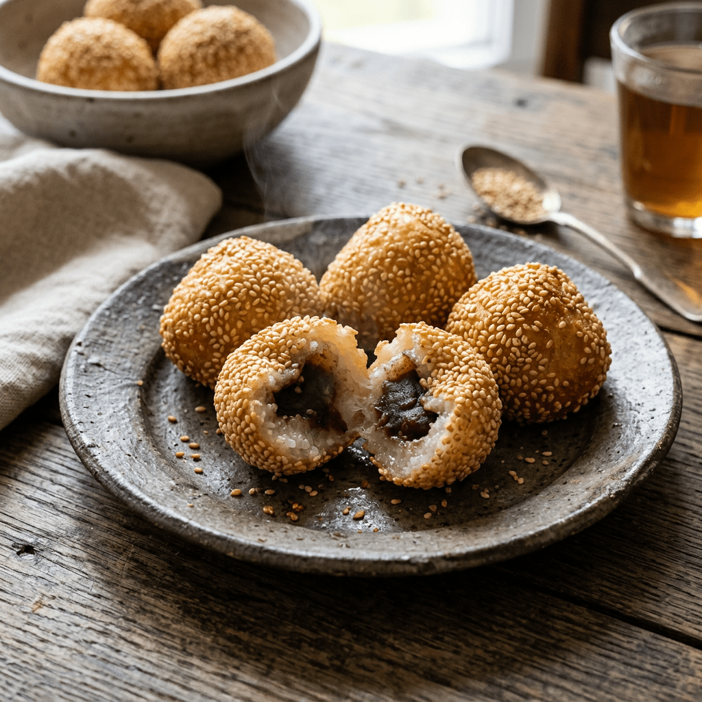 Four golden sesame-coated rice balls on a plate, one split open showing sweet red bean filling