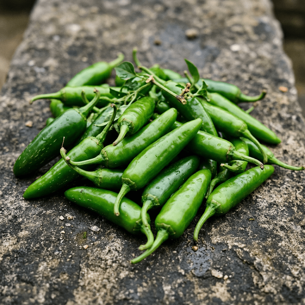 Pile of fresh green chili peppers on a stone surface
