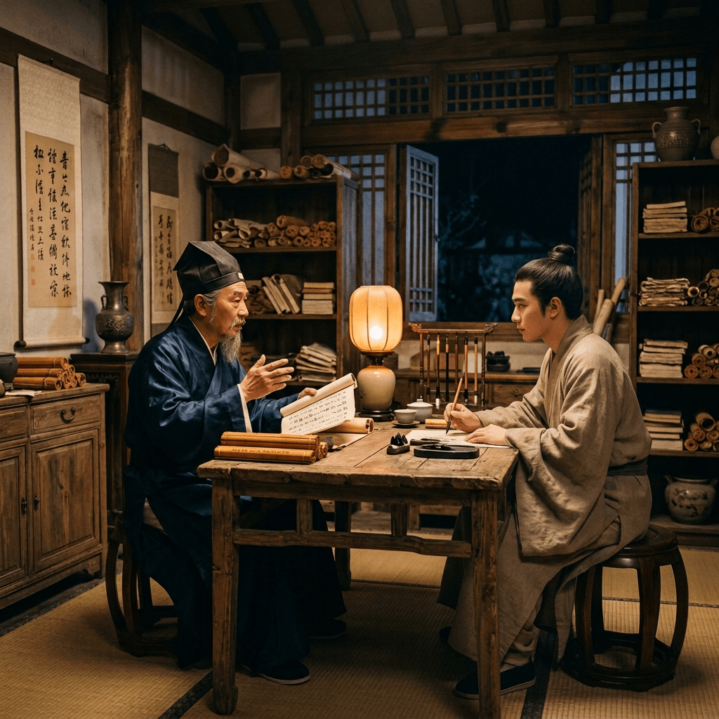 Two men in traditional Asian clothing seated at a wooden table, one reading a scroll and the other writing