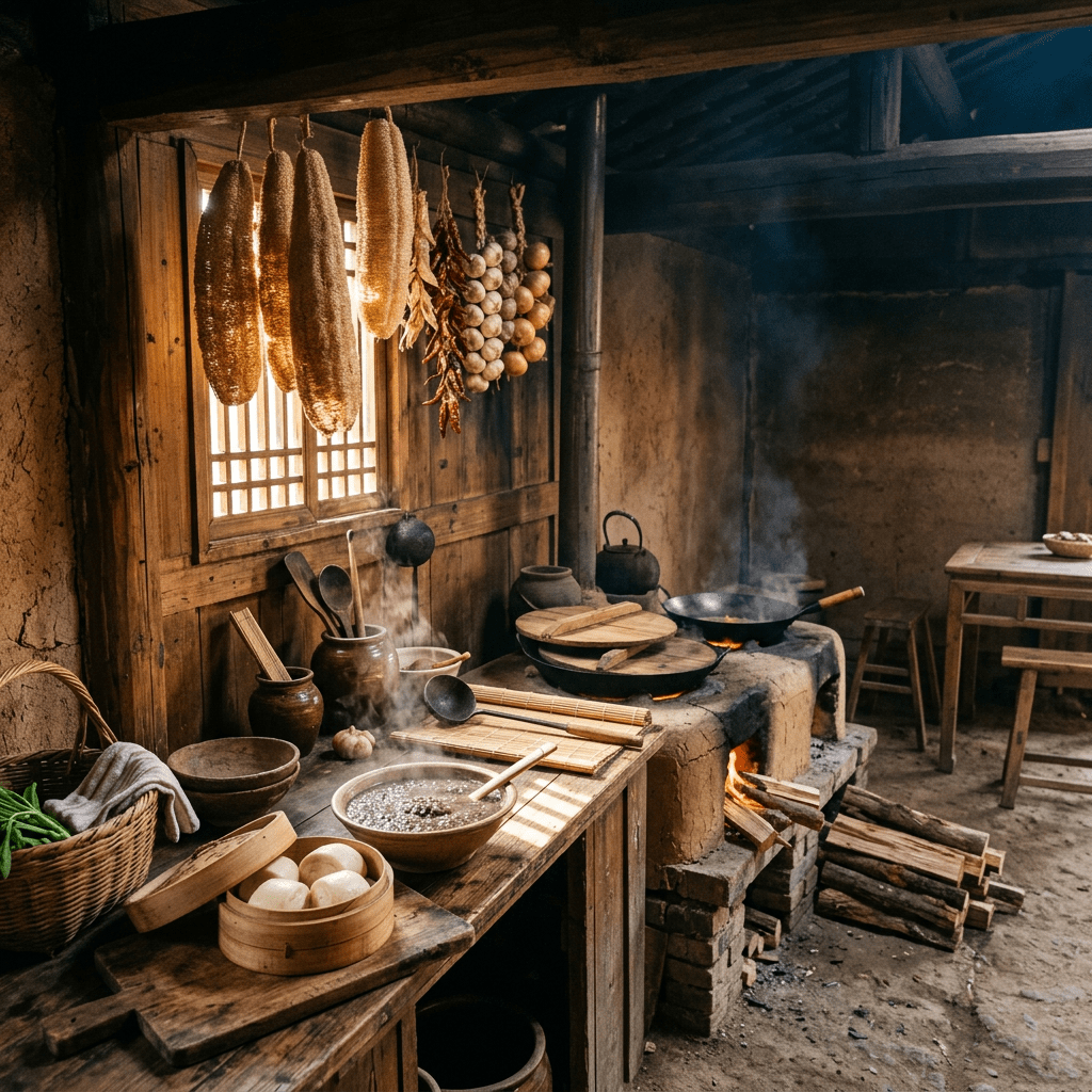Rustic kitchen with hanging dried corn, peppers, and onions, wooden cooking utensils, and wood-fired stove with flames