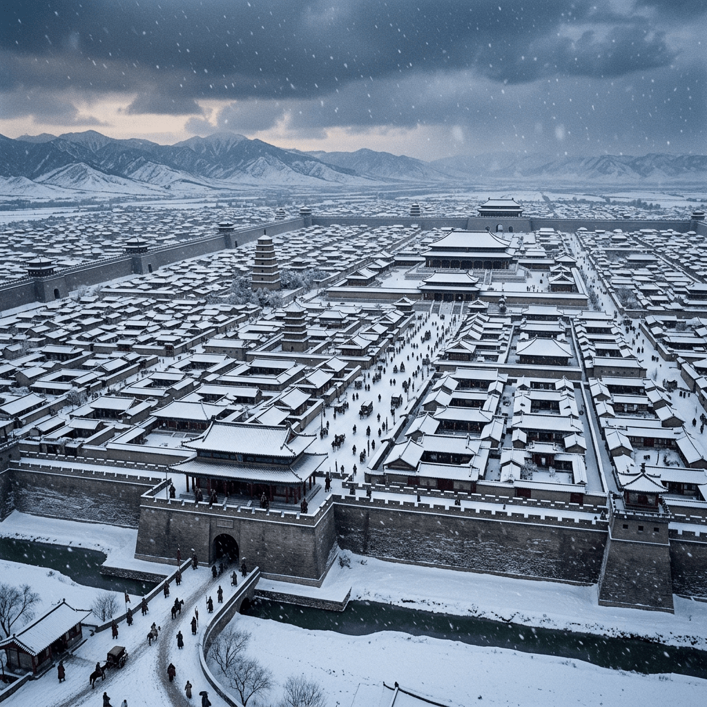 Ancient walled Chinese city covered in snow with people walking along snowy streets