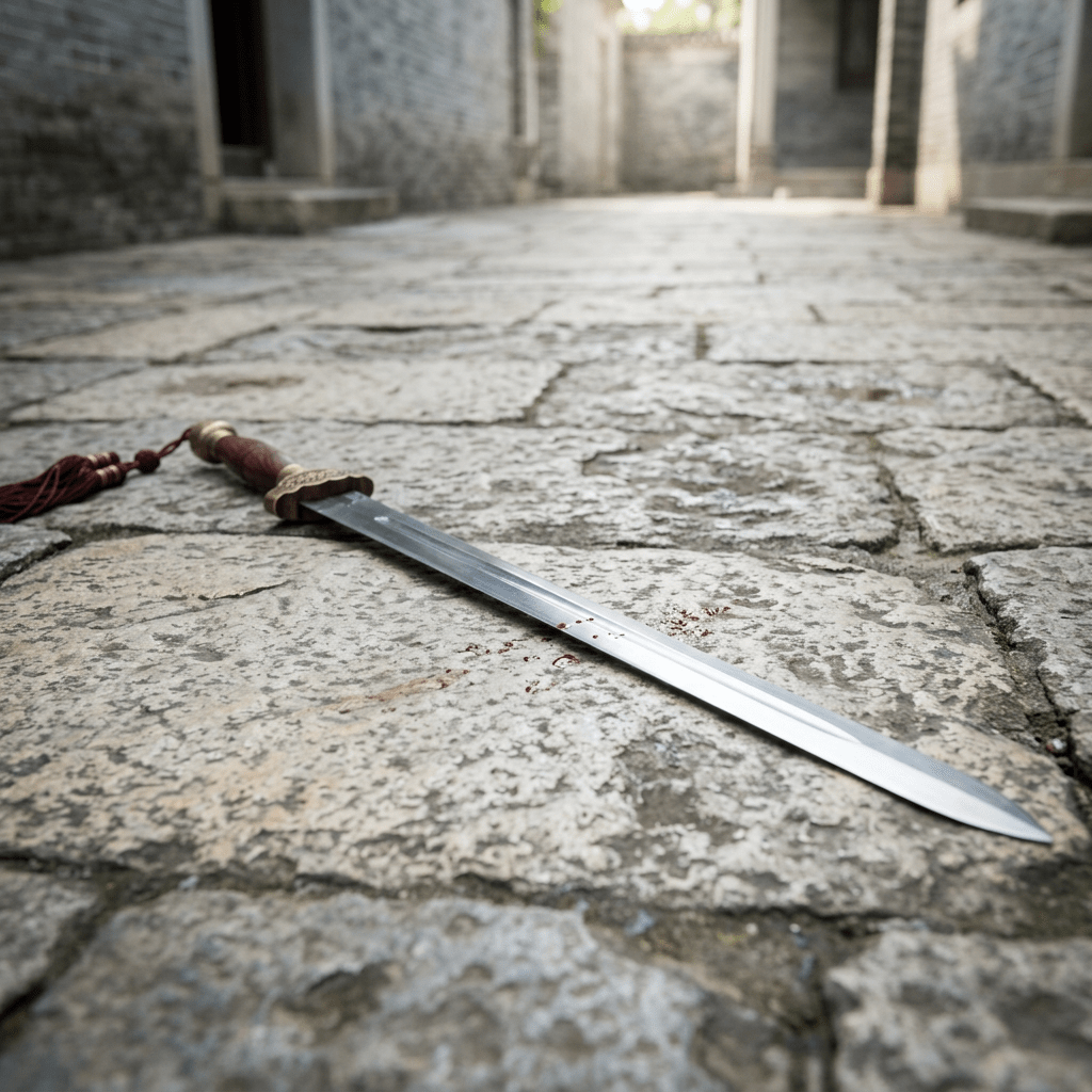Blood-stained sword with wooden handle lying on stone pavement in an alleyway