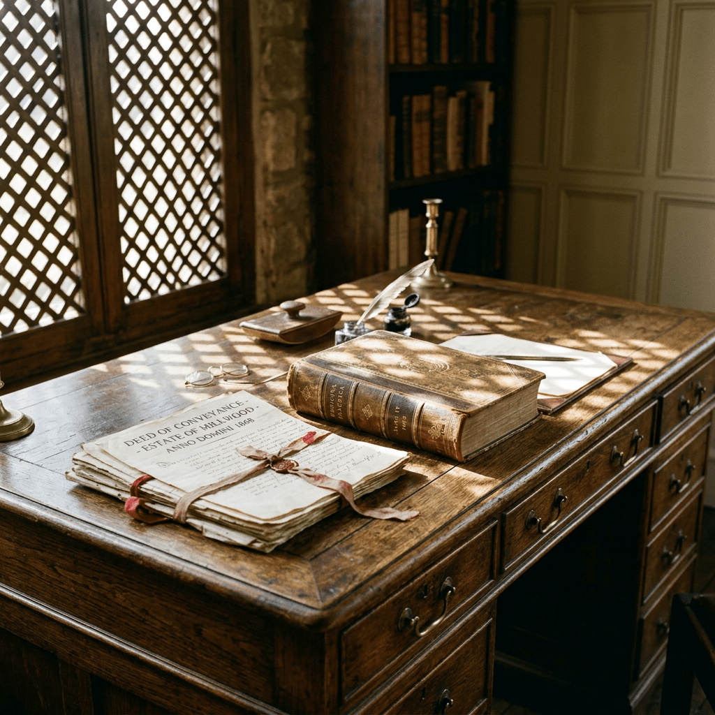 Wooden desk with vintage deed, large leather-bound book, quill, ink pot, glasses, and candleholder