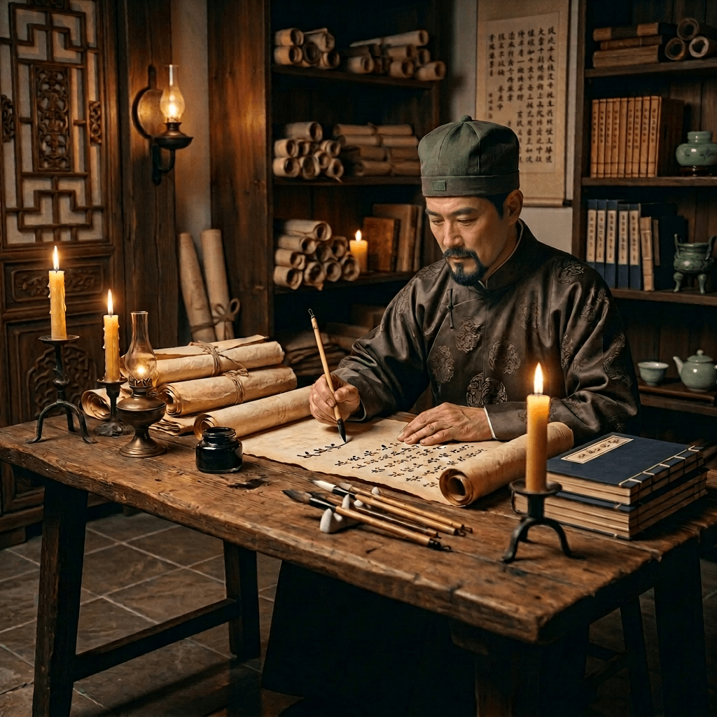 Elderly man writing on parchment with a quill in a candlelit medieval study