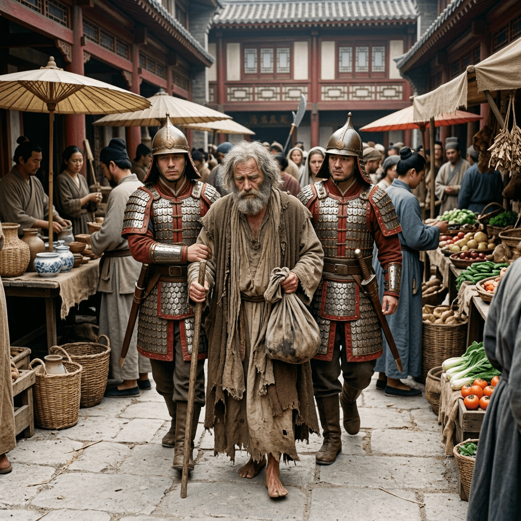 Two soldiers escort a barefoot older man in ragged clothes holding a staff through a crowded marketplace with stone buildings and market stalls.