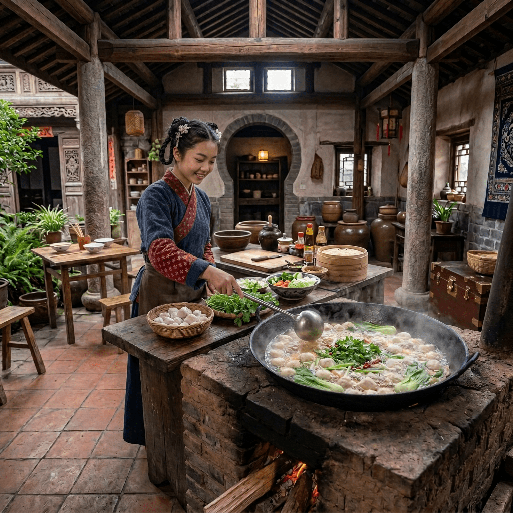 Woman stirring bubbling pot with vegetables and dumplings over outdoor wood stove