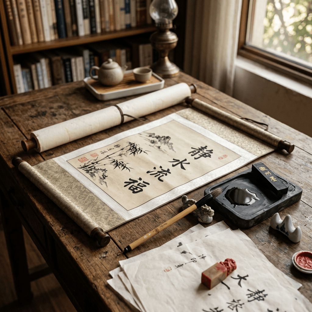 Chinese calligraphy scroll with brush, ink stone, ink stick, seal, and papers on wooden table