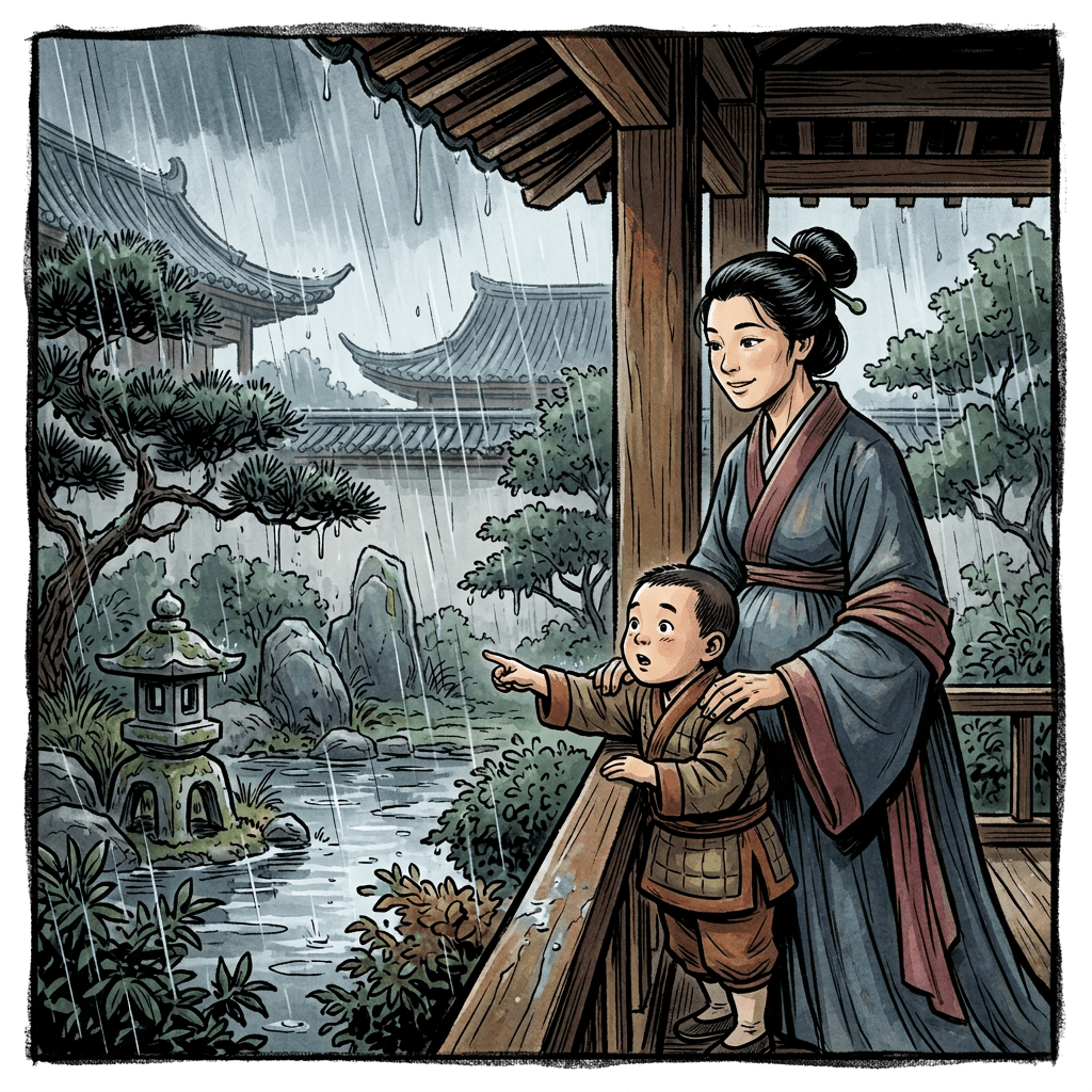 Woman and child in traditional clothing standing on a porch watching rain fall on a garden with trees, rocks, and a pond.