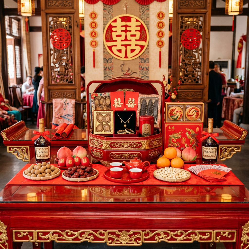 Traditional Chinese wedding gift display with jewelry, fruits, tea set, wine bottles, and red envelopes on a red table