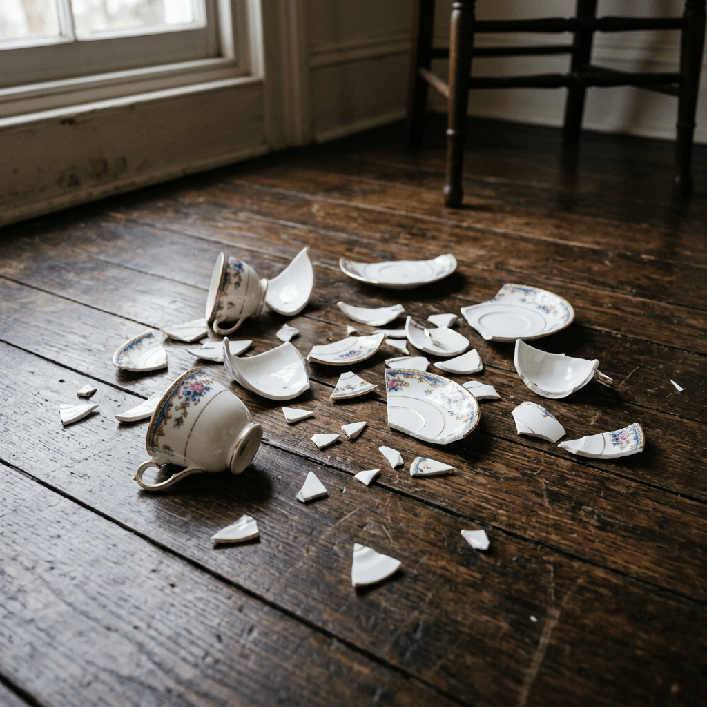 Broken pieces of vintage tea cups and saucers scattered on a wooden floor