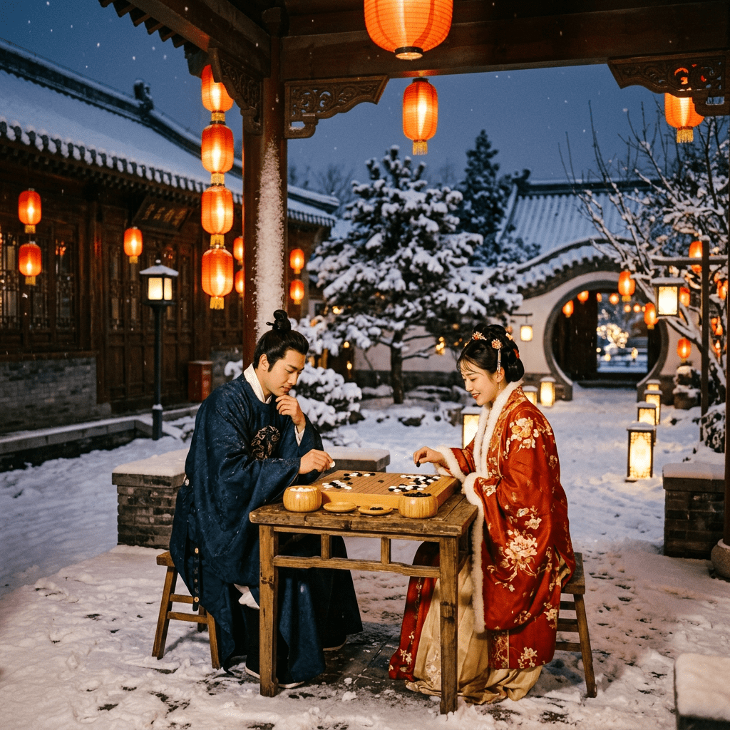 Couple playing Go dressed in traditional Chinese attire in a snowy courtyard at night
