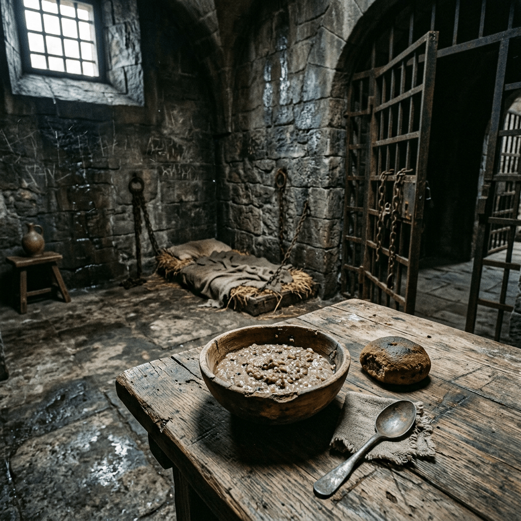 Ancient prison interior with porridge and bun