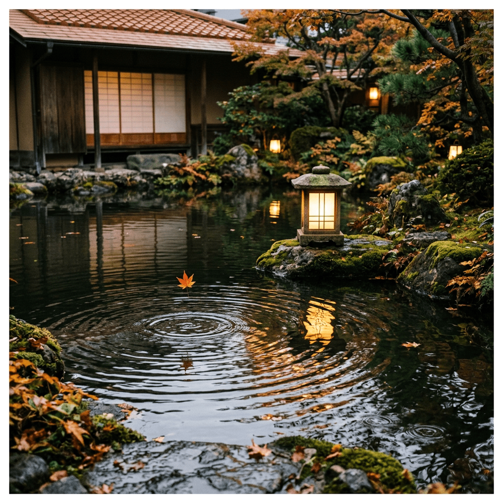 Japanese garden pond with a stone lantern lit and autumn leaves floating on the water