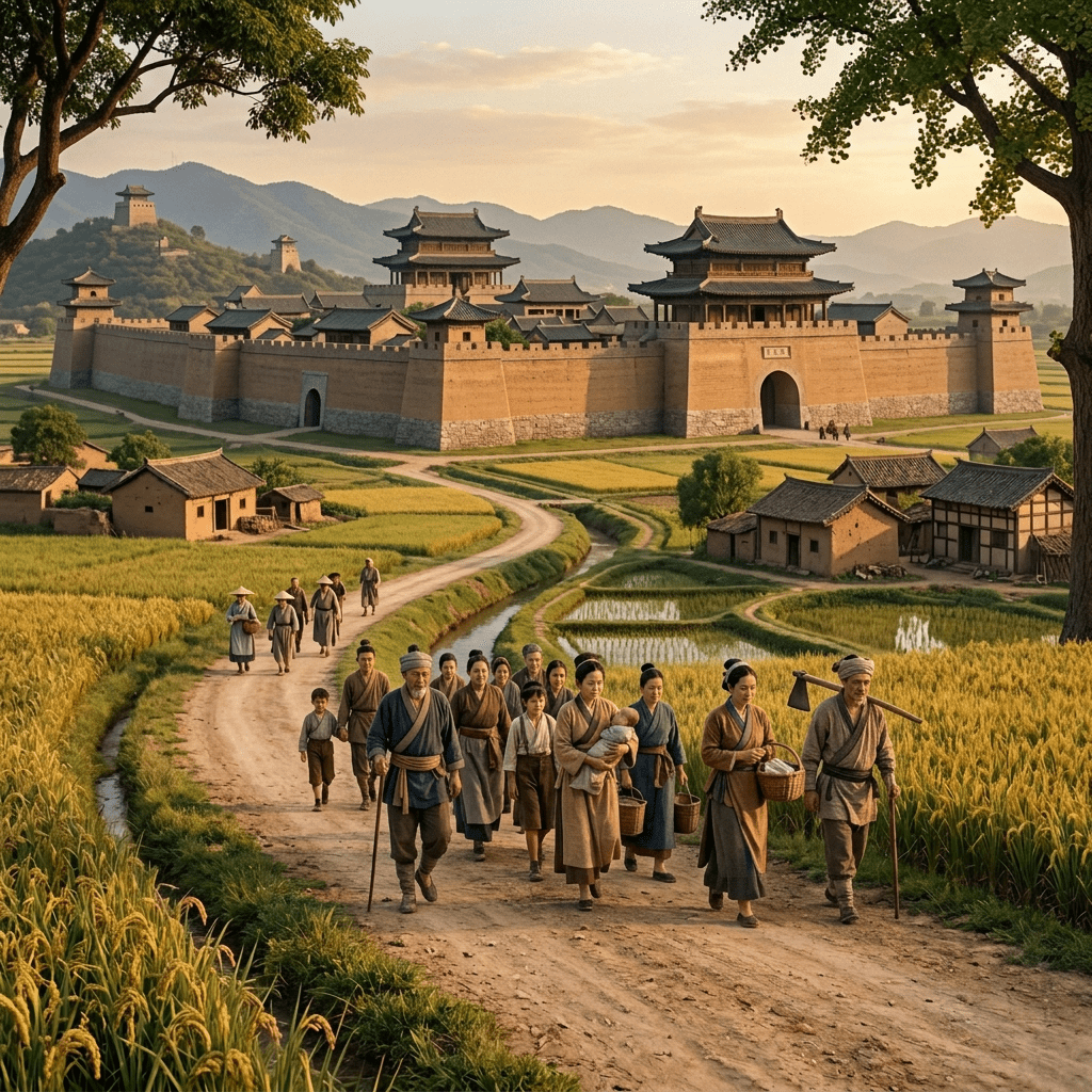 Villagers walking on dirt road towards a large medieval castle in countryside