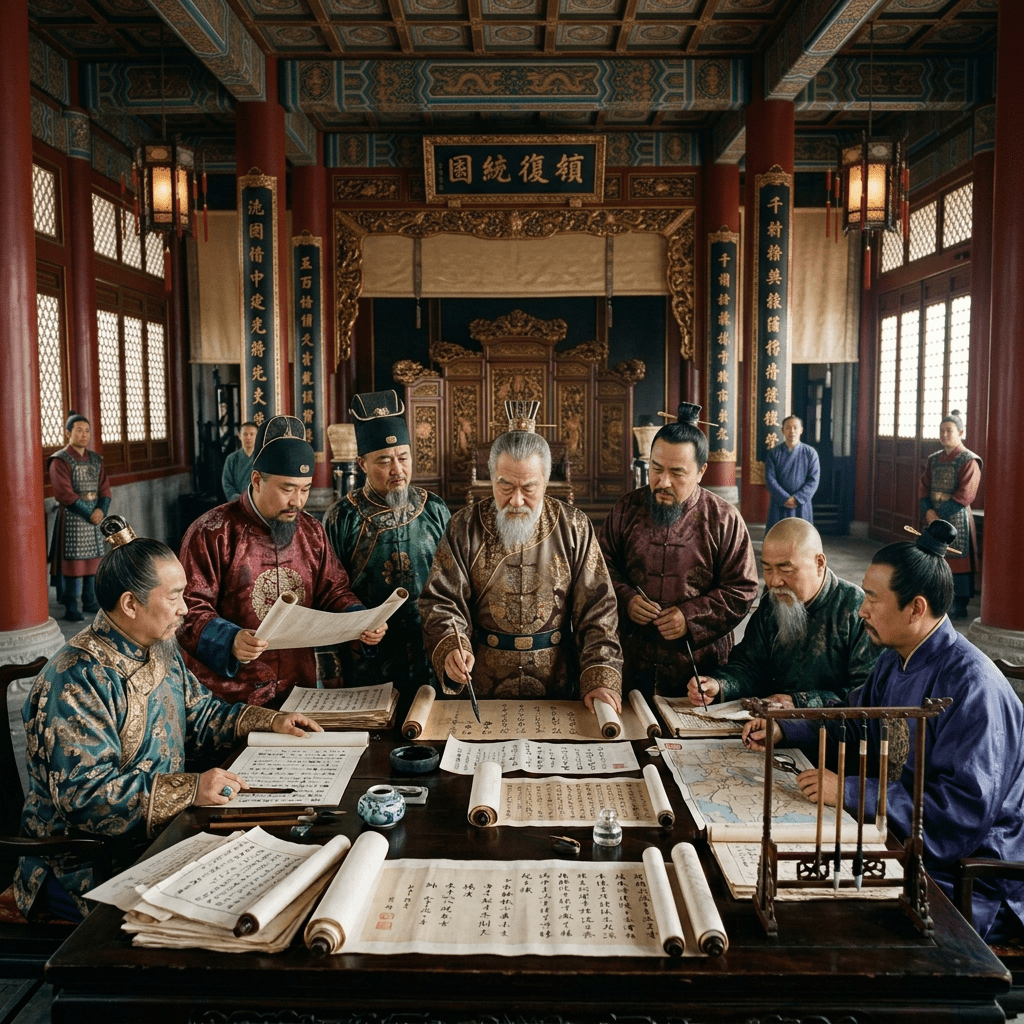 Seven Qing Dynasty officials in traditional robes examining scrolls on a table inside a decorated hall
