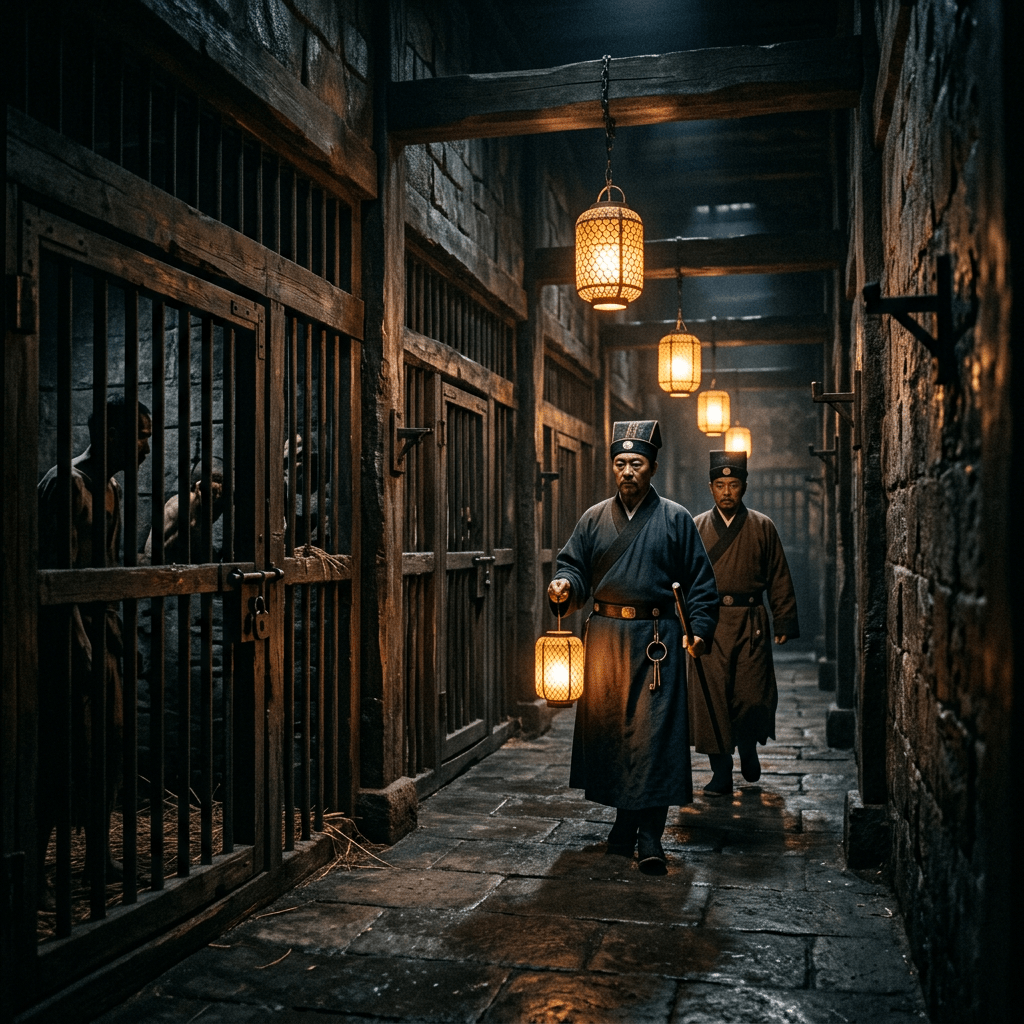 Two men in traditional attire holding lanterns walking past prisoners in wooden cells