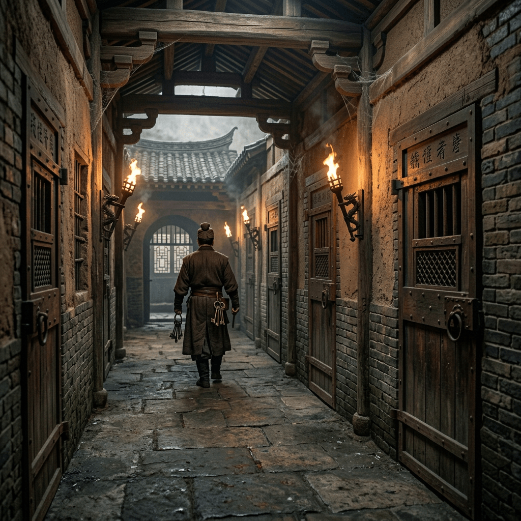 Person in cloak walking down stone corridor with iron-barred prison doors and torches
