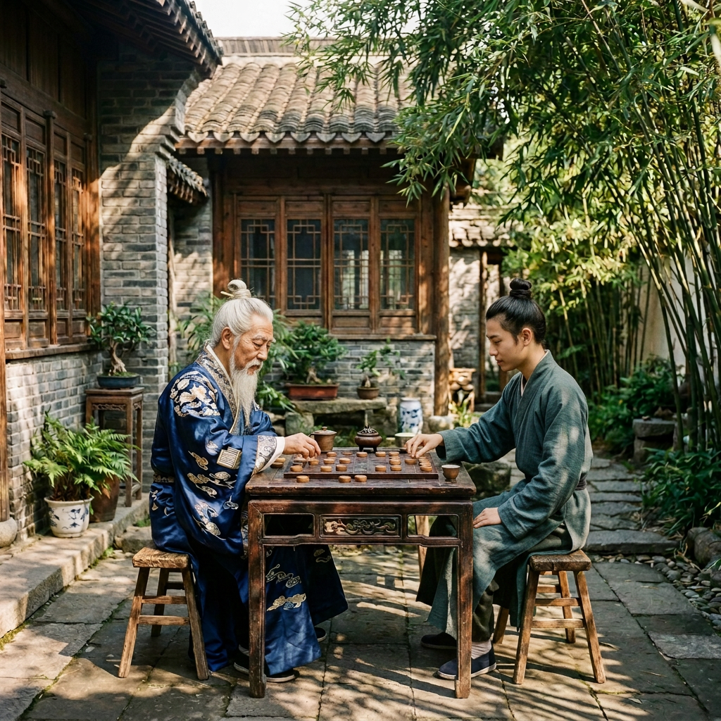 White-haired bearded elderly scholar, older teen simpler clothes