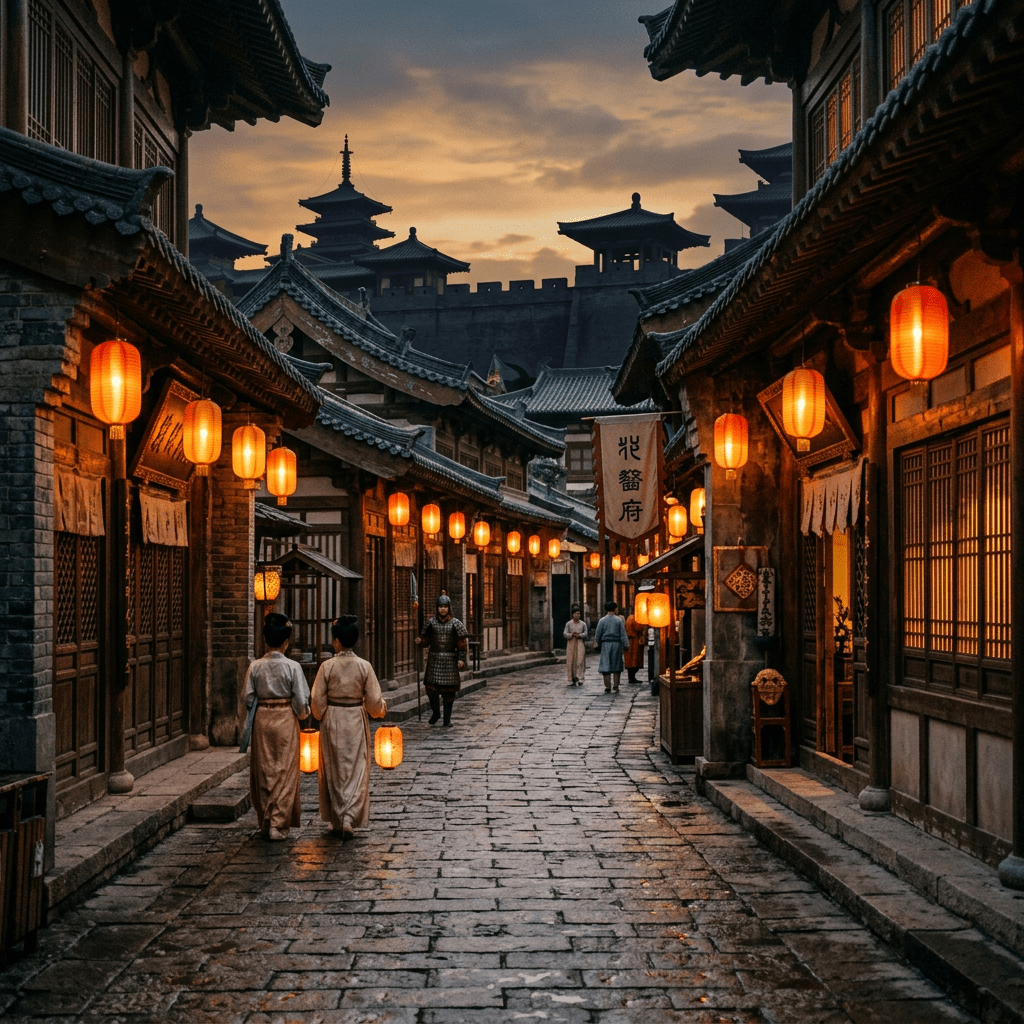 Ancient Chinese street with hanging lanterns and people in traditional clothes at dusk