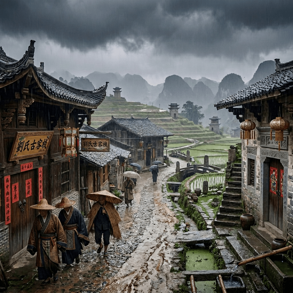 People walking on a wet cobblestone village street with umbrellas and straw hats in rainy weather