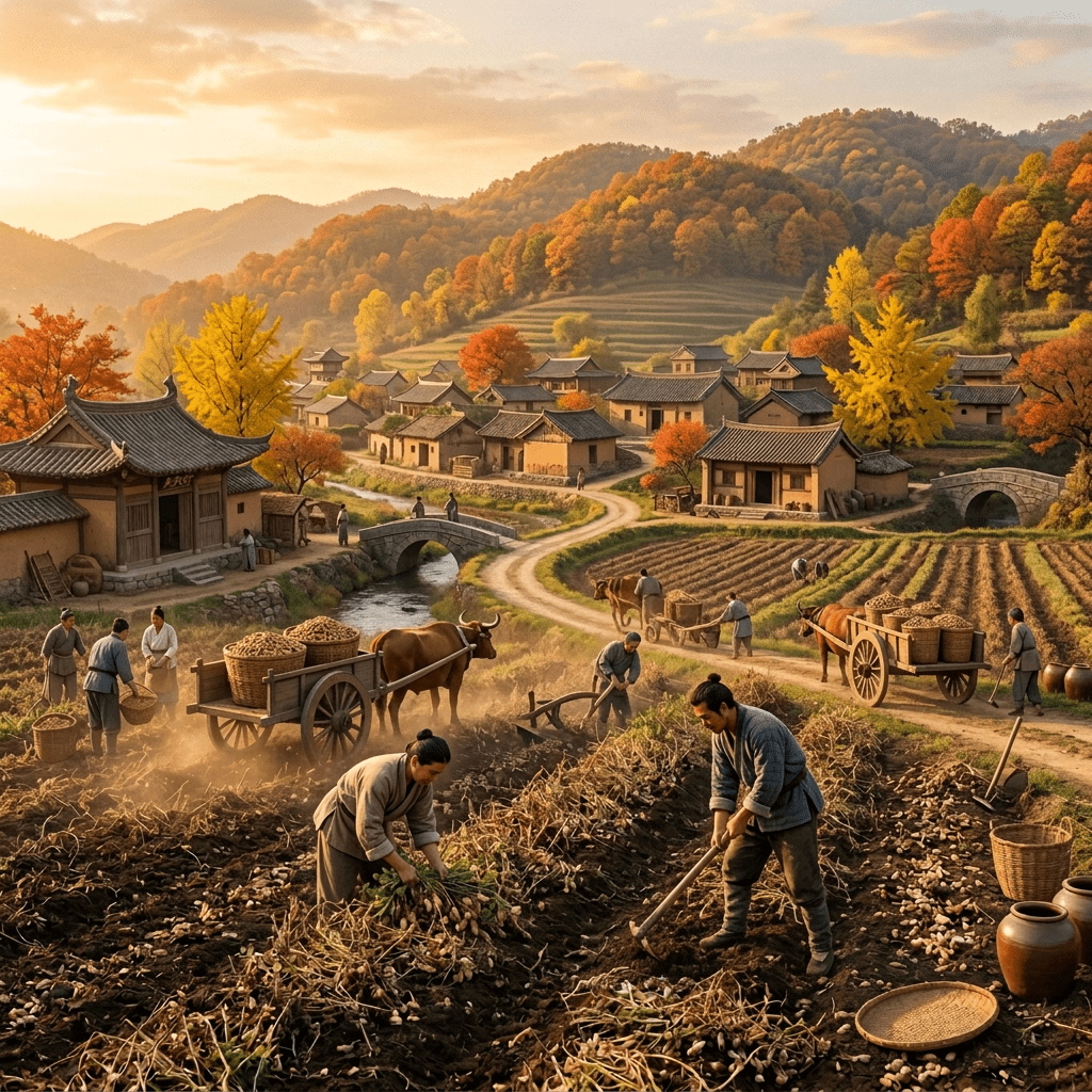 Farmers working on tractor and harvesting crops on plowed field in autumn