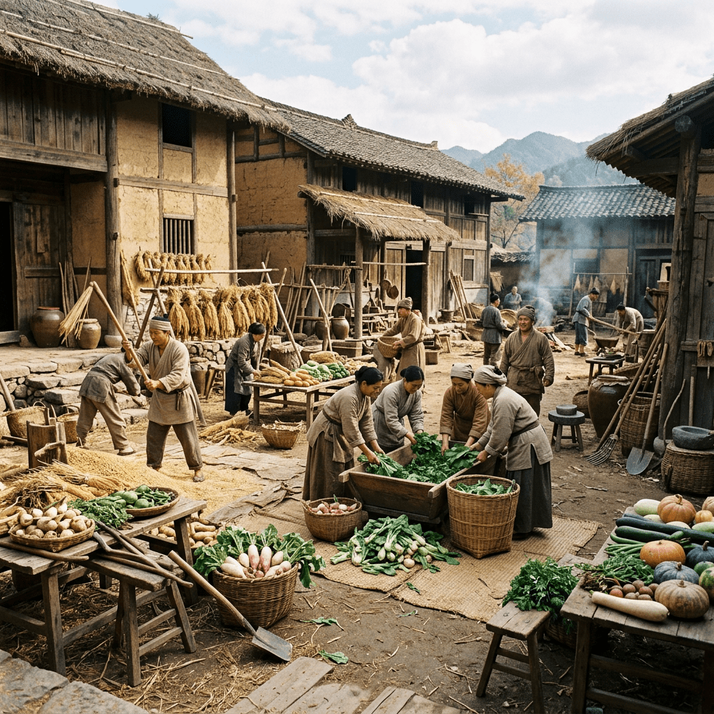 Villagers preparing and sorting vegetables in a traditional rural village courtyard with wooden houses and farming tools