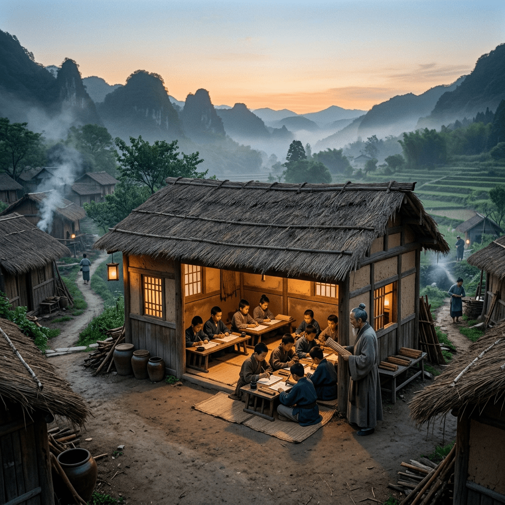 Village classroom with students and teacher in thatched roof hut at sunset