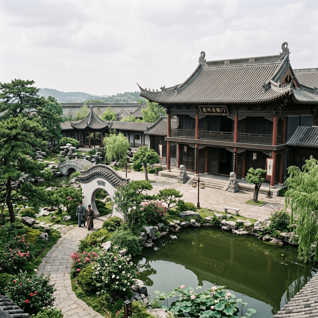 Traditional Chinese garden with pond, arched gate, pavilion, and two people walking