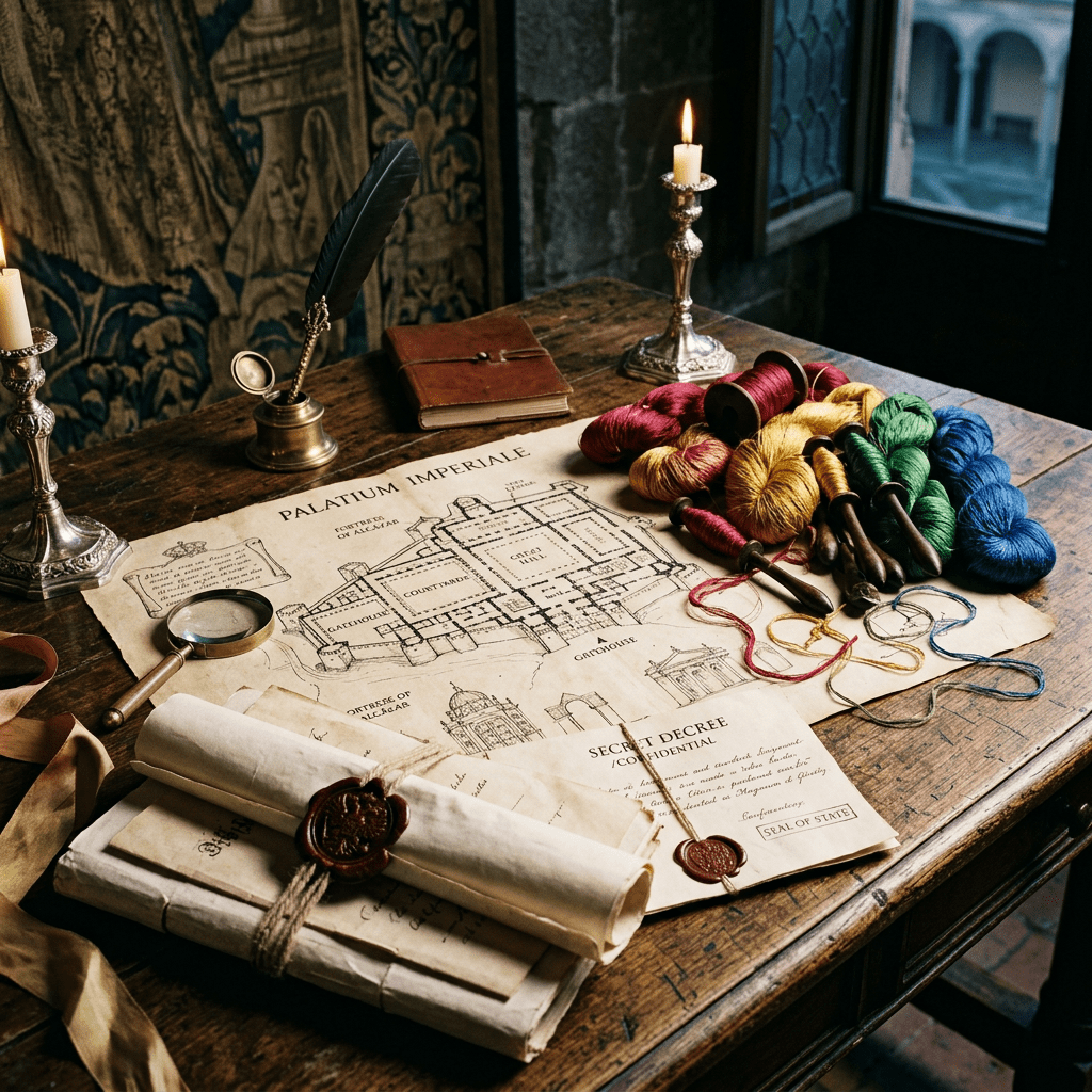 Wooden table with a medieval building plan, colorful sewing threads, wax-sealed scrolls, quill, and magnifying glass