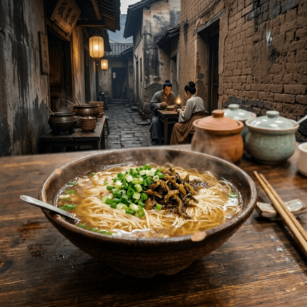 Steaming bowl of noodles topped with scallions and crispy garnish