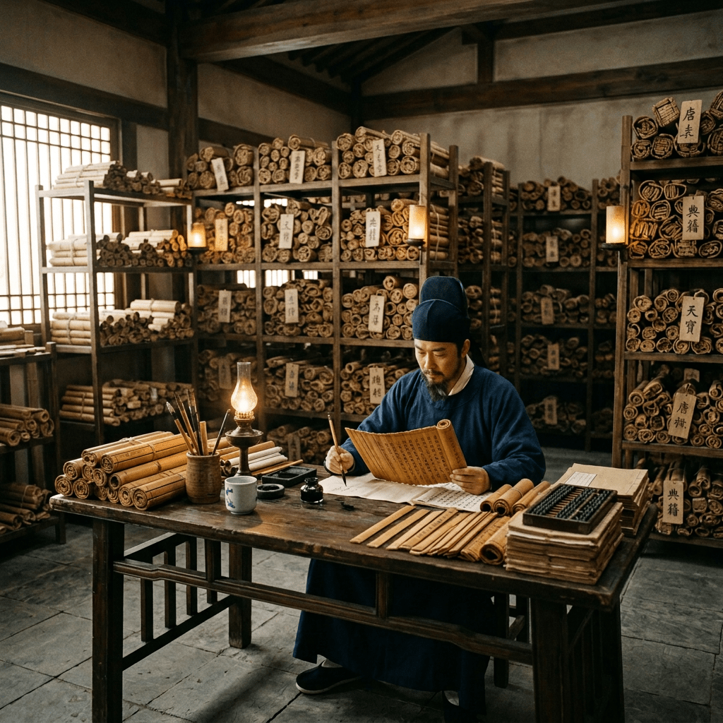 Craftsman studying a manuscript among shelves of Japanese scrolls