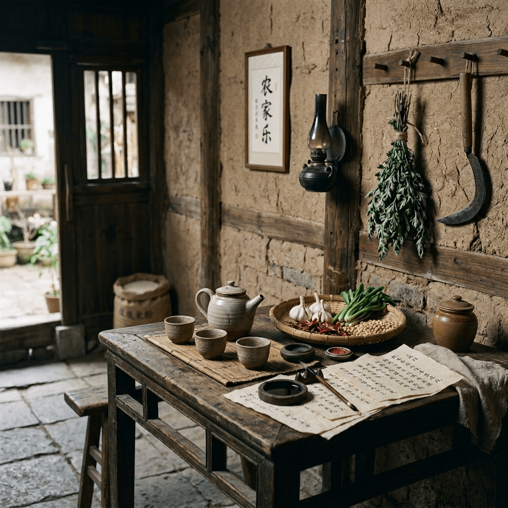 Rustic kitchen table with tea, rice, vegetables, and hanging tools