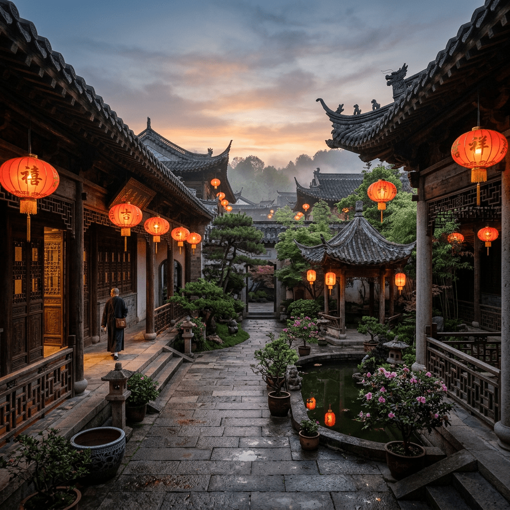 Traditional Chinese courtyard with red lanterns, gardens, and tiled roofs at dusk