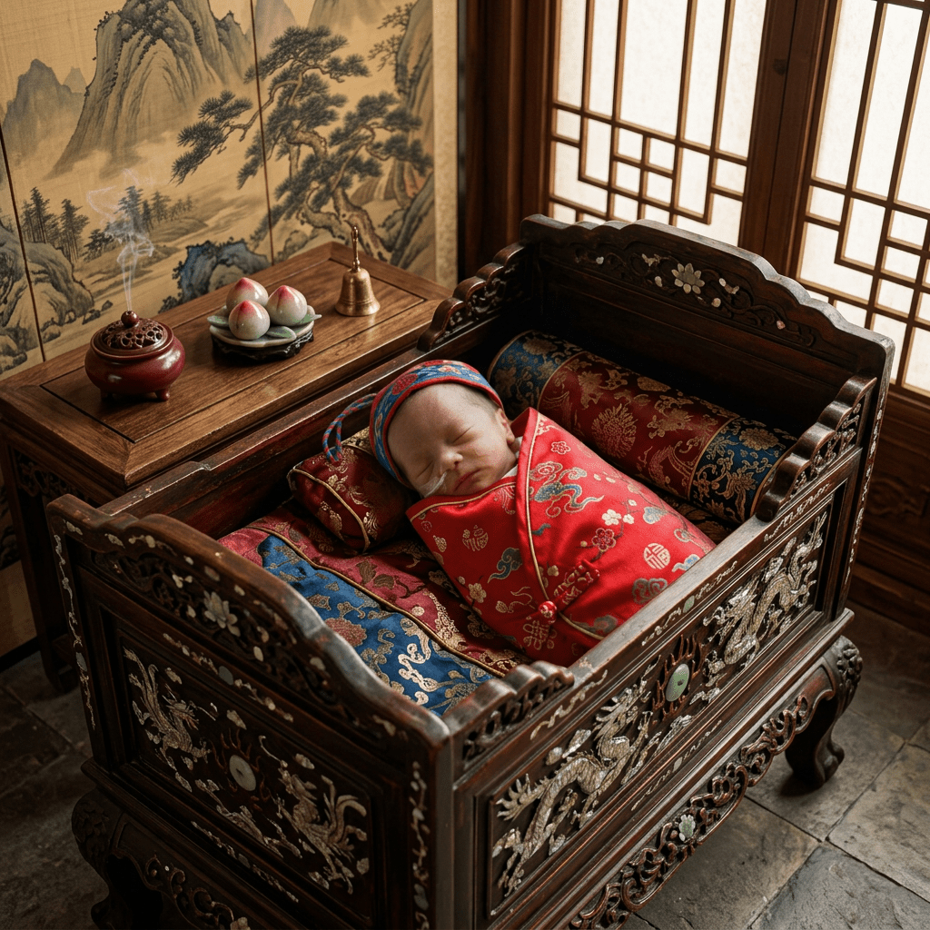 Sleeping newborn wrapped in red embroidered swaddle and cap