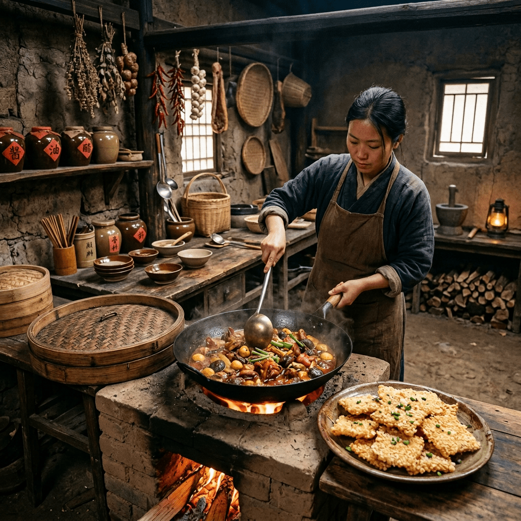 Cook stir-frying colorful vegetables and meat over a wood-fired stove