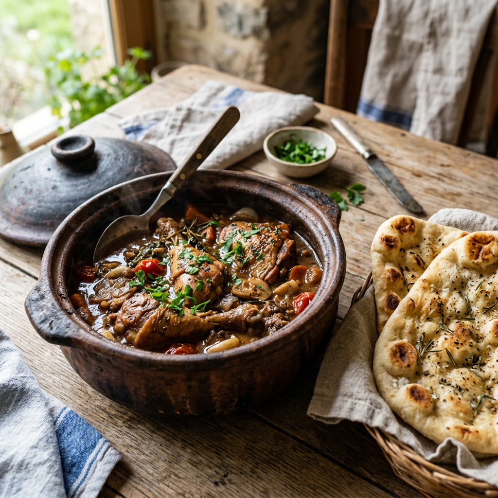 Rustic bowl of chicken stew with herbs beside flatbread