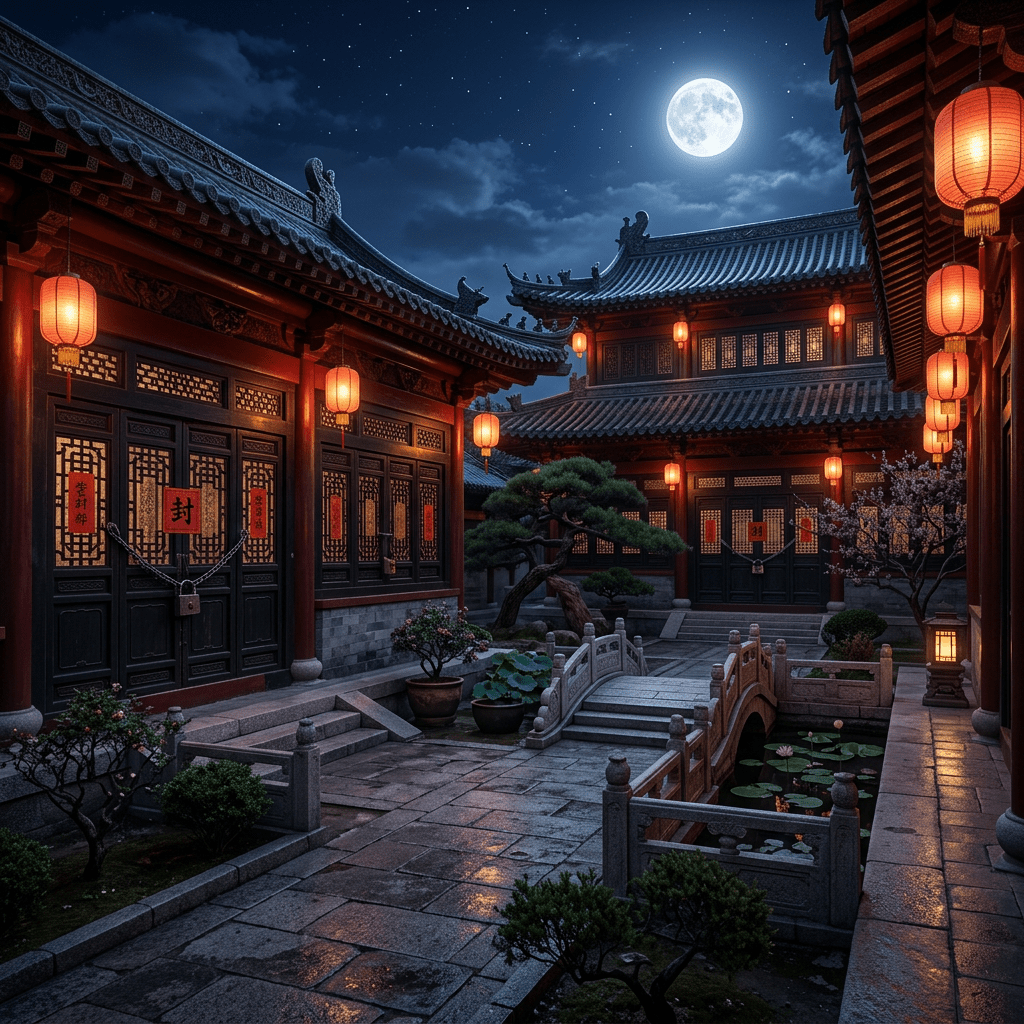 Moonlit Chinese courtyard with red lanterns, tiled roofs, bridge, and lotus pond