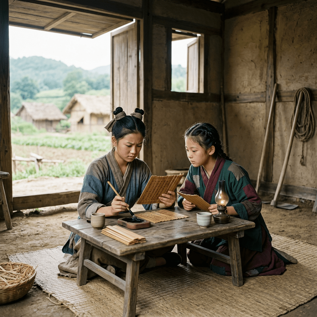 Two girls studying wooden tablets at a rustic table by an oil lamp
