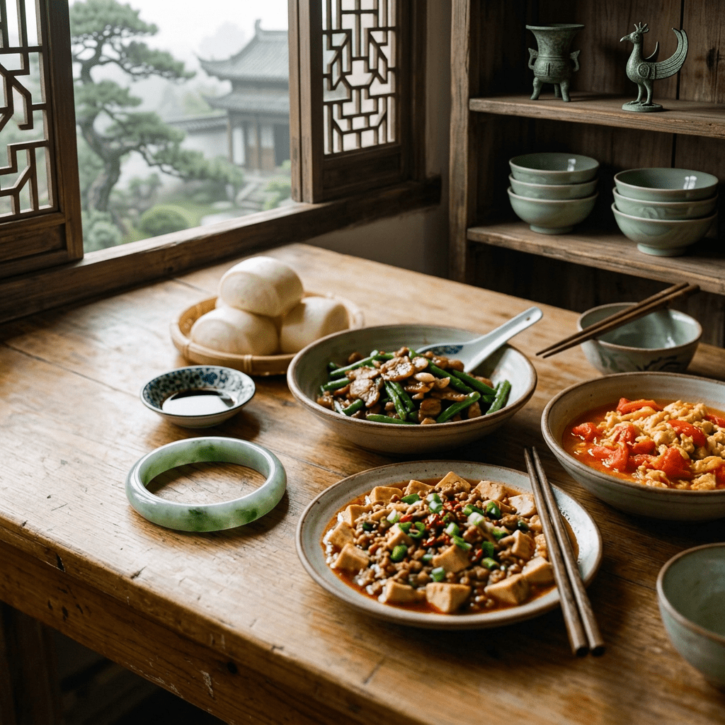 Chinese dishes served on a wooden table with chopsticks and steamed buns