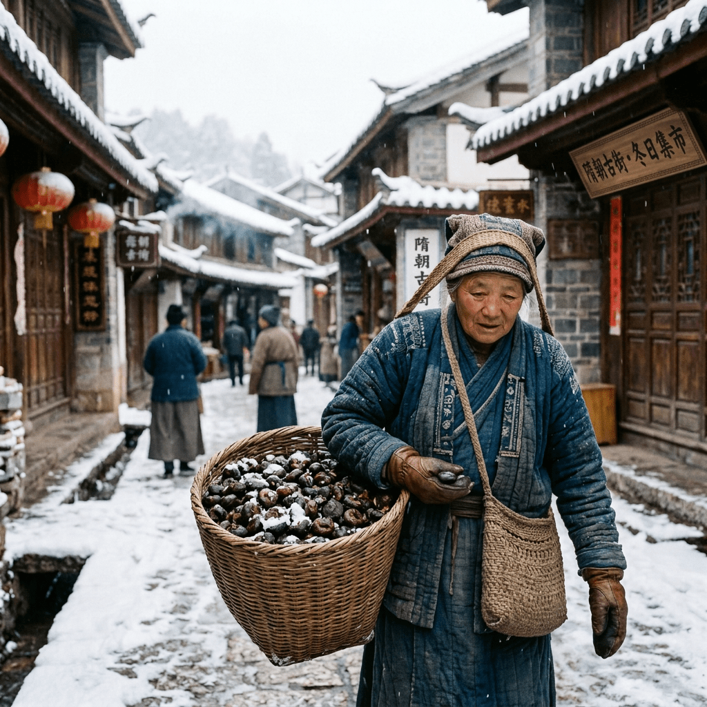 Older woman carrying a basket of snow-covered fruit through a snowy village street