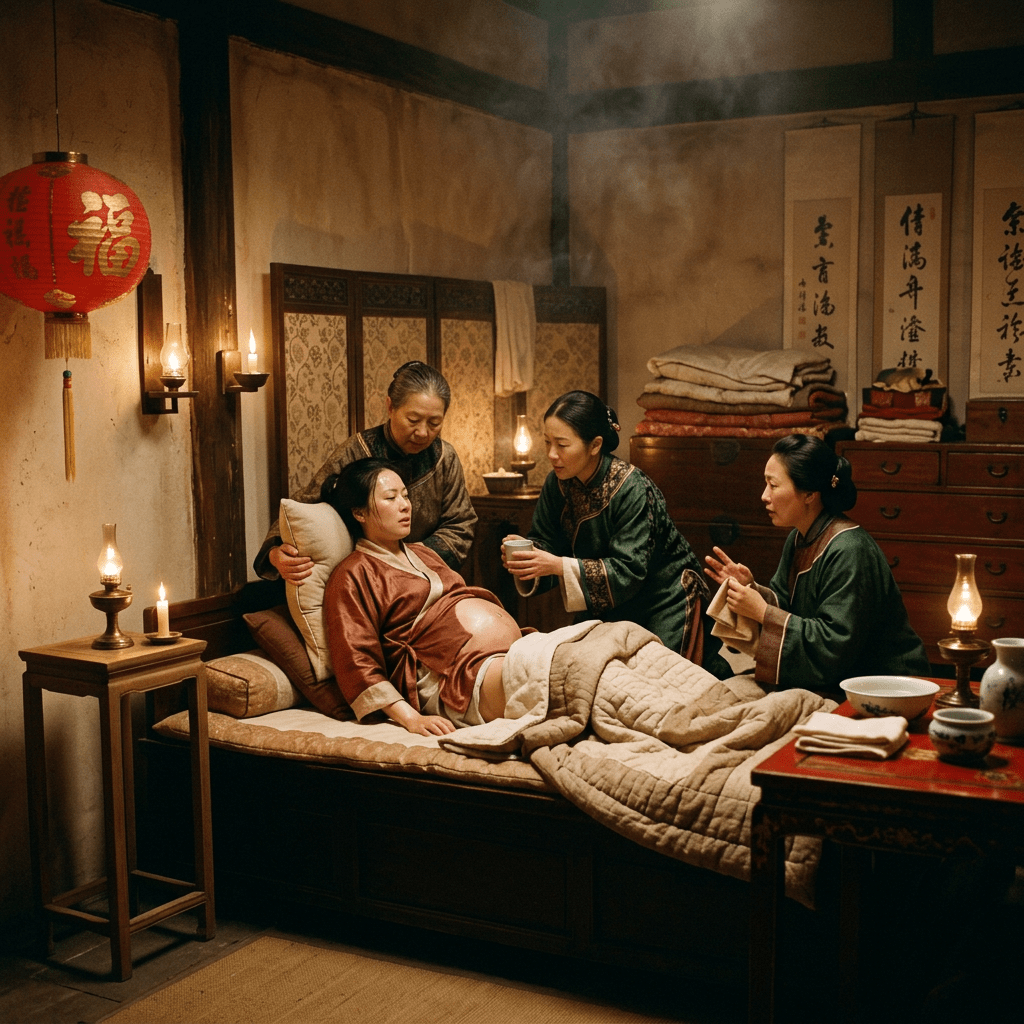 Three women assisting a pregnant woman resting on a bed in a traditional Chinese room