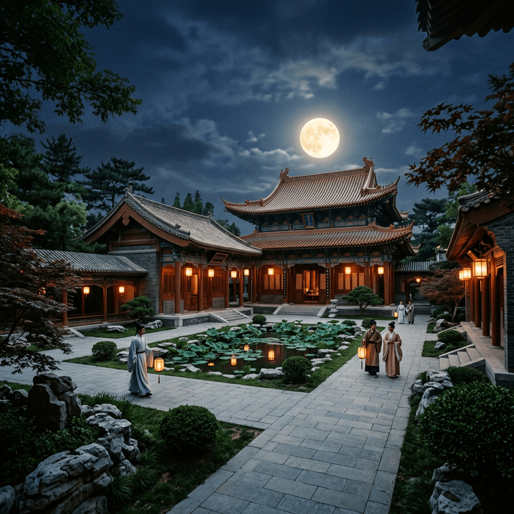 Traditional courtyard with lanterns, lotus pond, and full moon